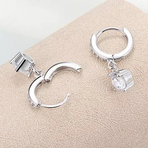SOLITAIRE 925 SILVER DIAMOND DROP HOOP EARRINGS, NICE EARRINGS, CUTE EARRINGS - Picture 5 of 7